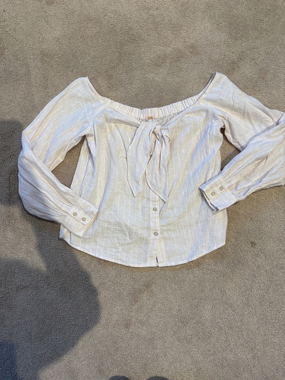 Free People Off-Shoulder Tie-Front Blouse in Light Cream Stripe